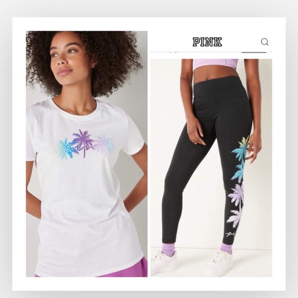 Pink vs black palm shine legging and tee shirt size xl